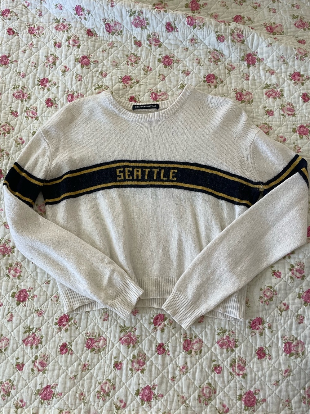 Brandy Melville Seattle Graphic Boxy Sweater White Navy Yellow Stripe